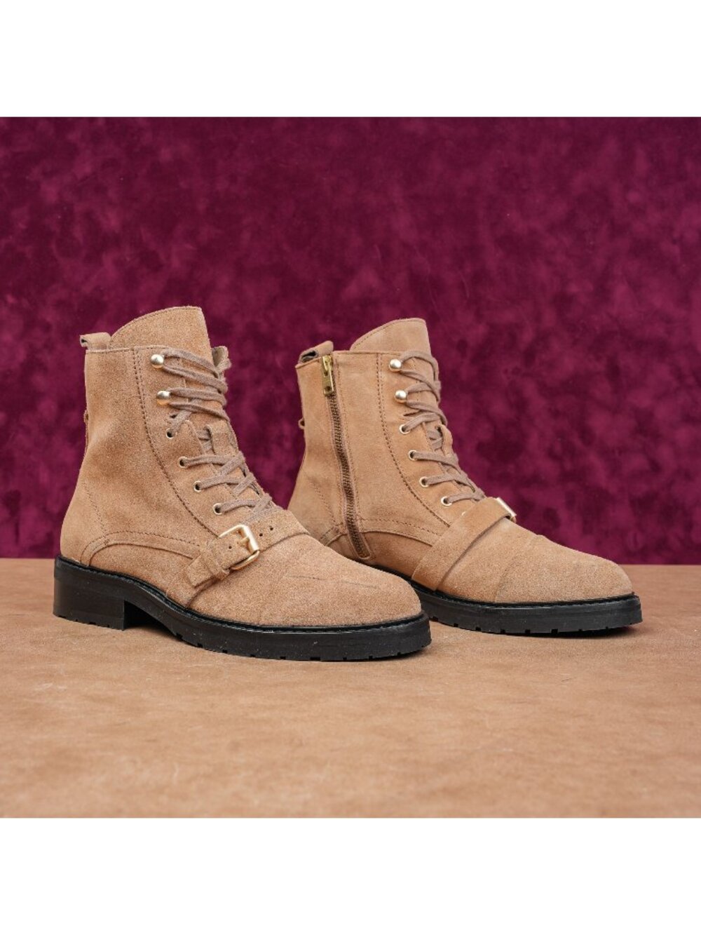 AllSaints Donita Women Tan Suede Zip Lace Buckle Combat boots sz 10.5US EUR41